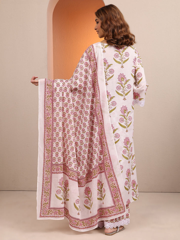 Off White Printed Cotton Straight Suit Set With Dupatta