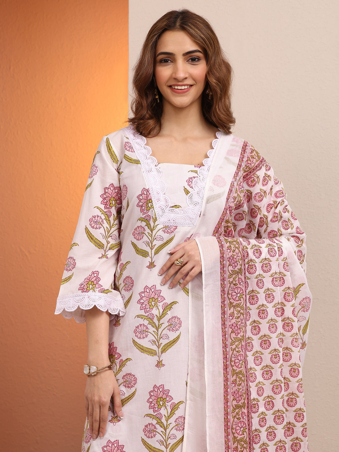 Off White Printed Cotton Straight Suit Set With Dupatta