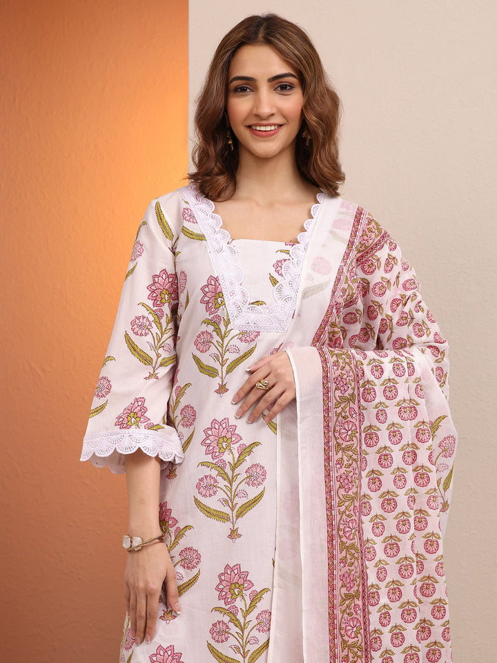 Off White Printed Cotton Straight Suit Set With Dupatta