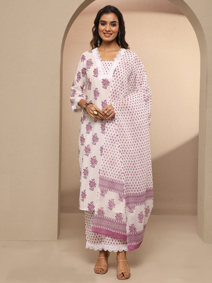 Off White Printed Cotton Straight Suit Set With Dupatta