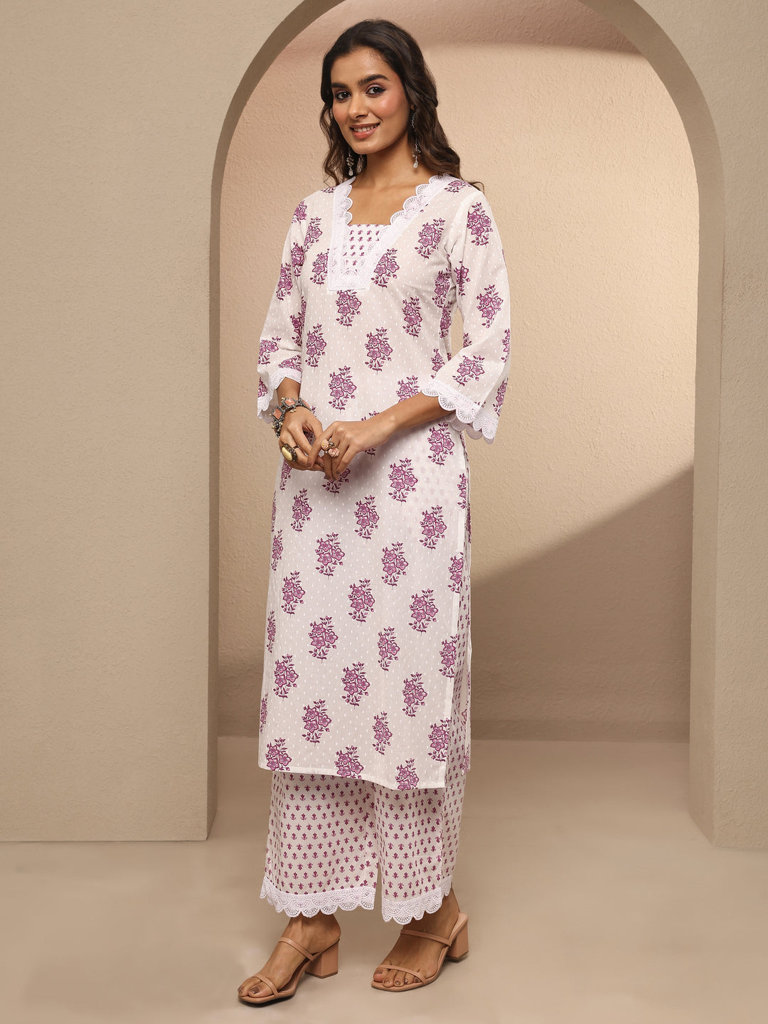 Off White Printed Cotton Straight Suit Set With Dupatta