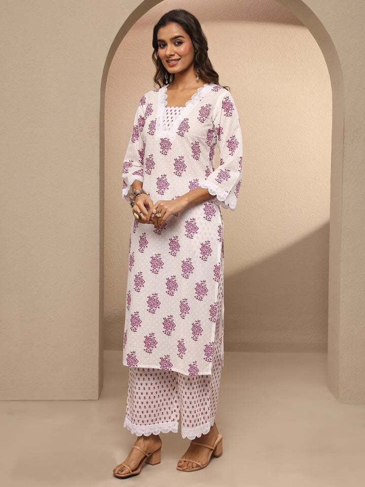 Off White Printed Cotton Straight Suit Set With Dupatta