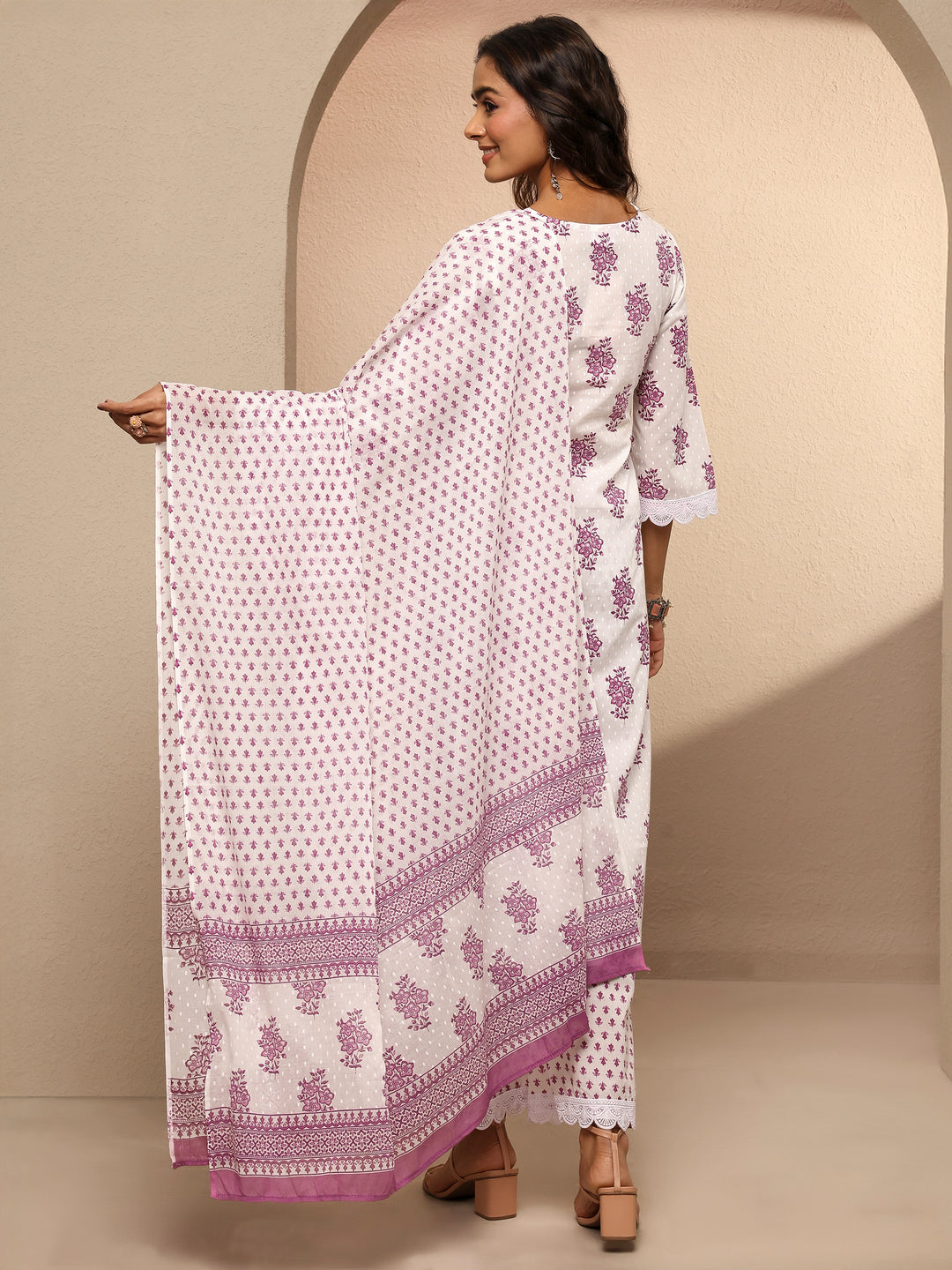 Off White Printed Cotton Straight Suit Set With Dupatta