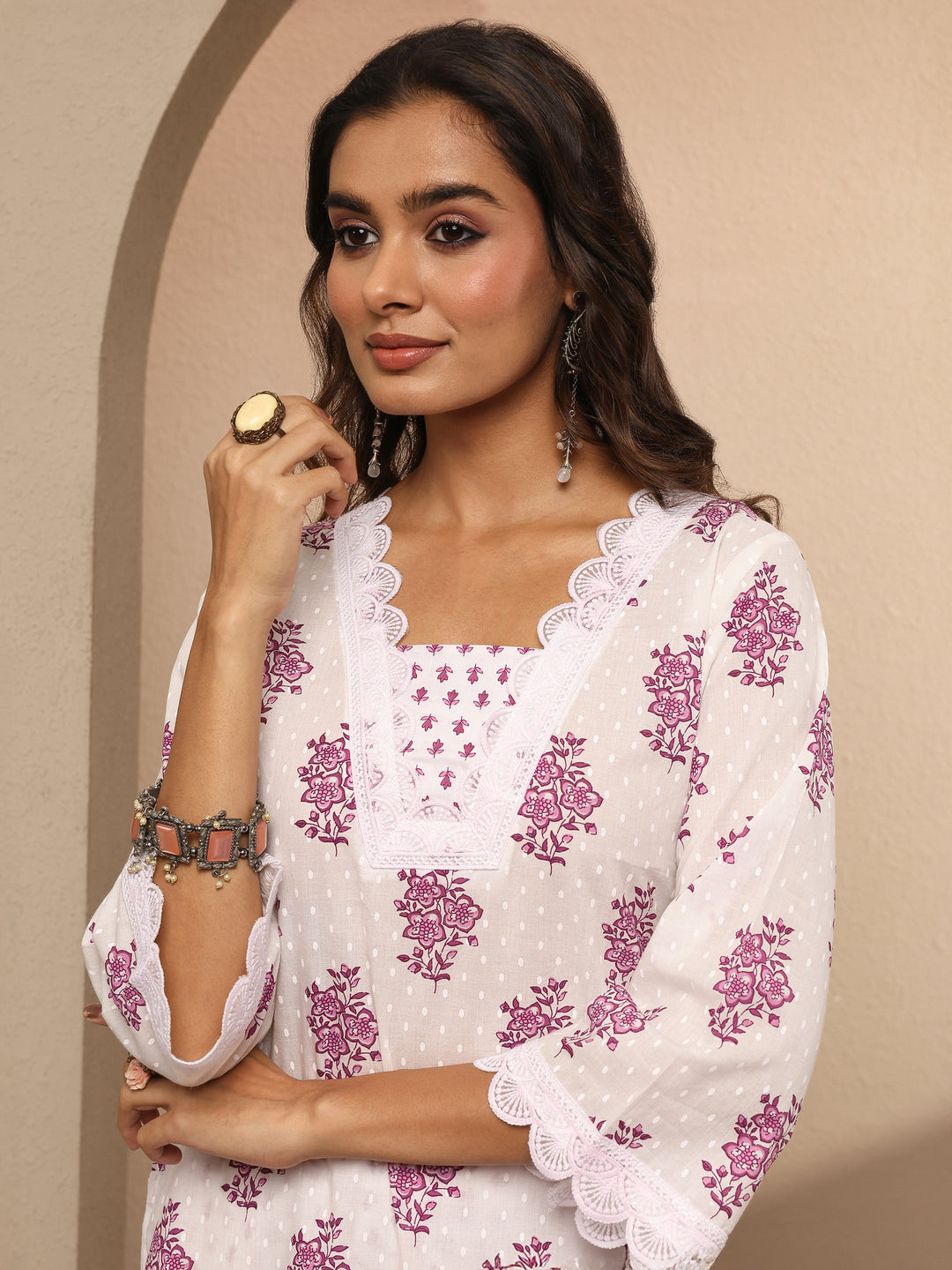 Off White Printed Cotton Straight Suit Set With Dupatta