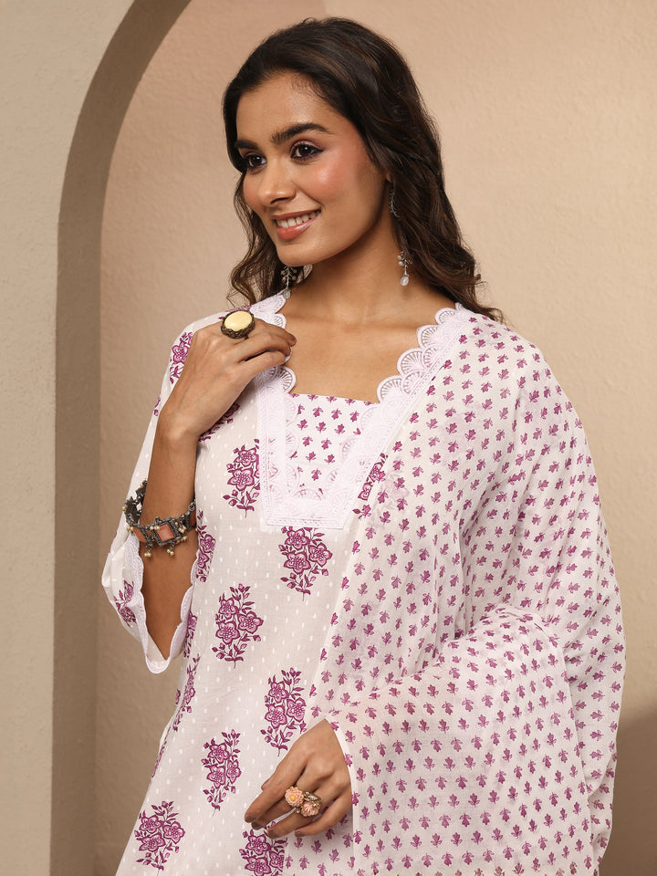 Off White Printed Cotton Straight Suit Set With Dupatta