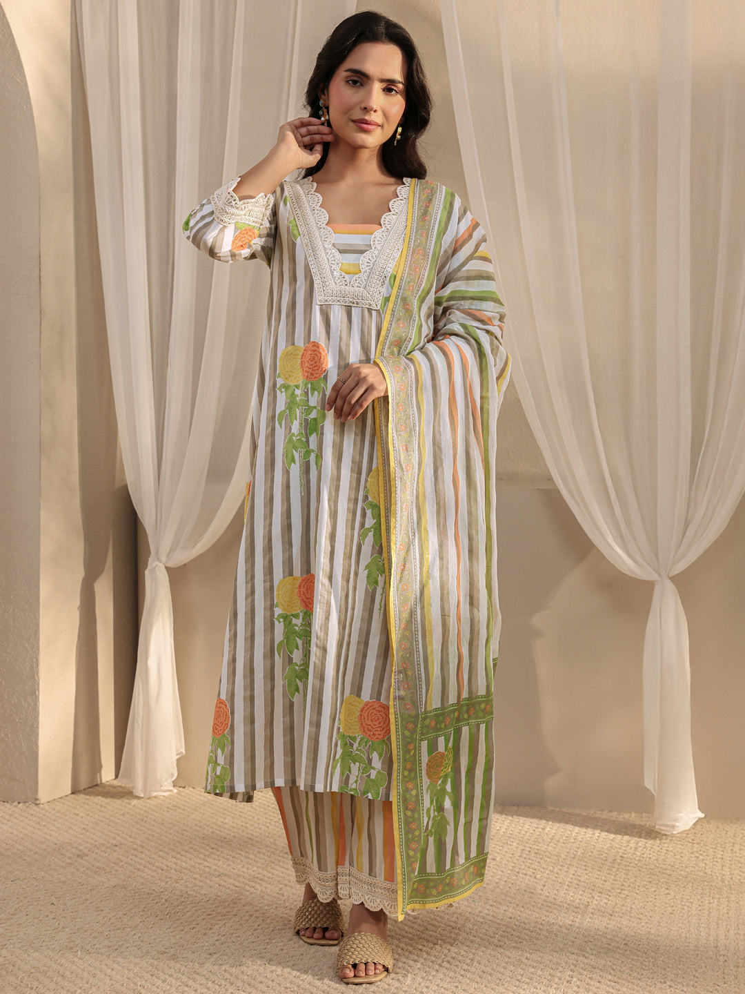 Off White Striped Printed Cotton A-Line Suit Set With Dupatta