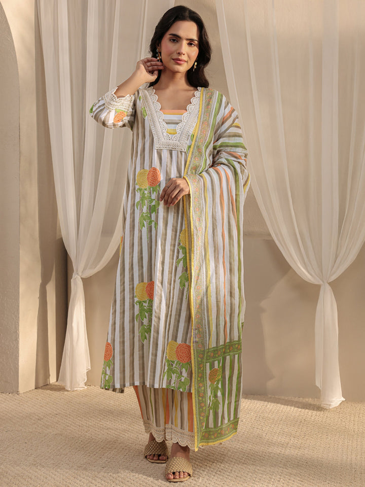 Off White Striped Printed Cotton A-Line Suit Set With Dupatta