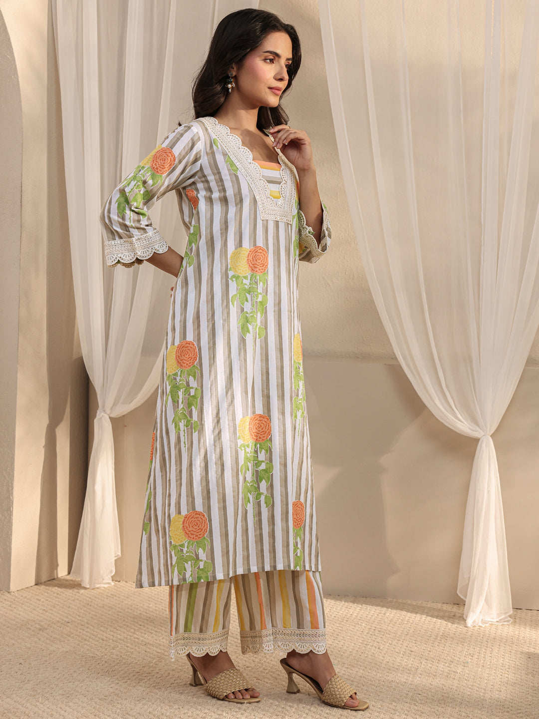 Off White Striped Printed Cotton A-Line Suit Set With Dupatta
