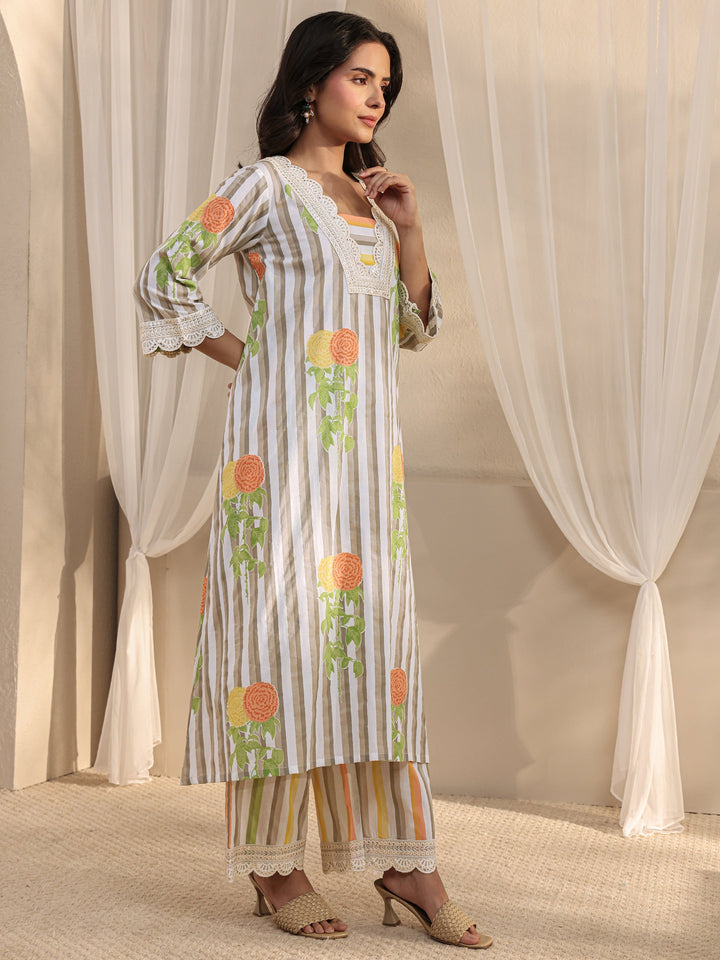 Off White Striped Printed Cotton A-Line Suit Set With Dupatta