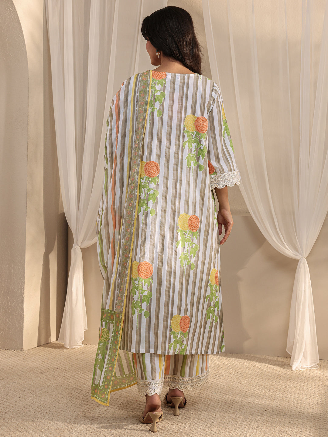 Off White Striped Printed Cotton A-Line Suit Set With Dupatta