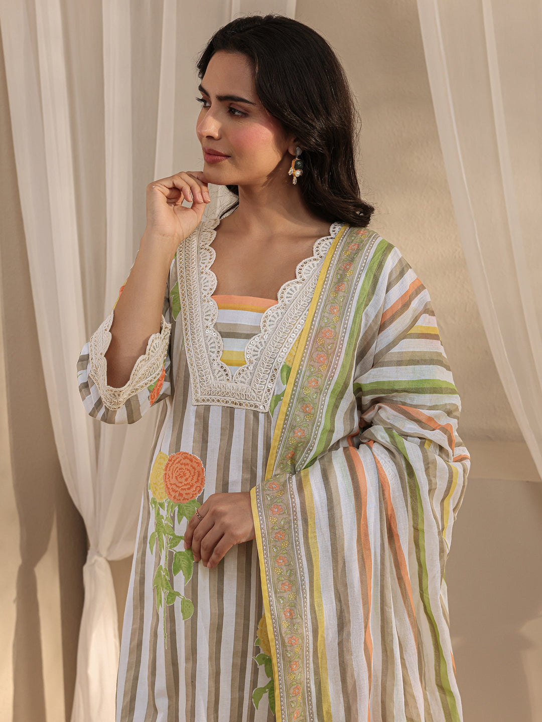 Off White Striped Printed Cotton A-Line Suit Set With Dupatta