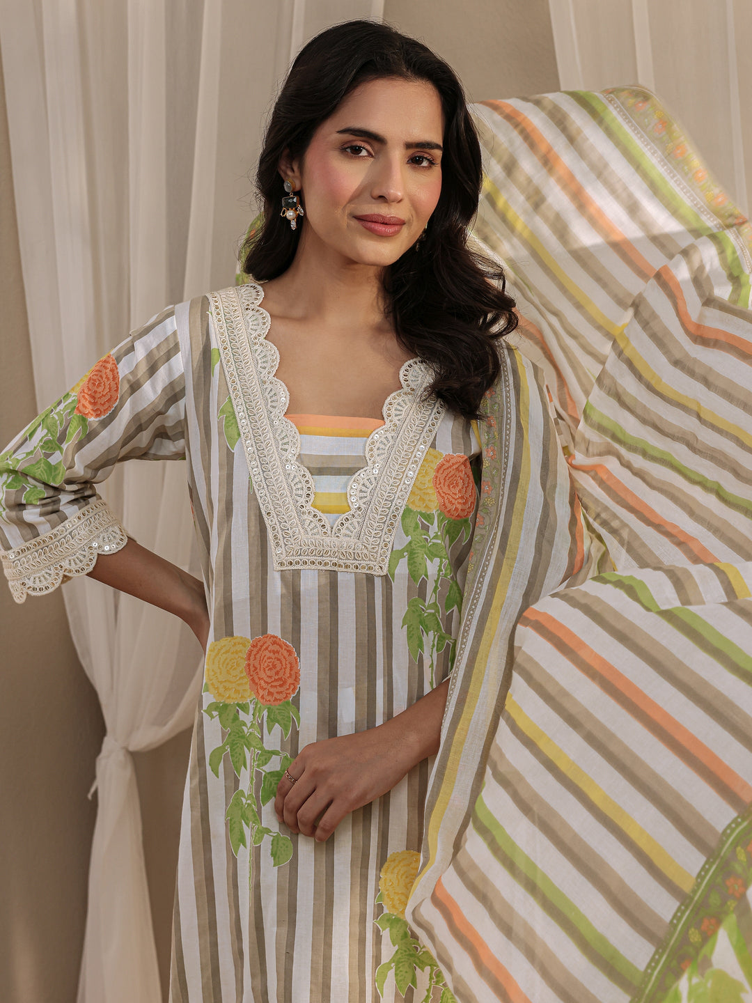 Off White Striped Printed Cotton A-Line Suit Set With Dupatta
