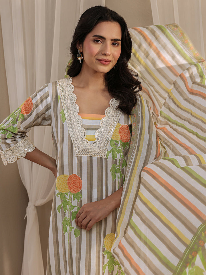 Off White Striped Printed Cotton A-Line Suit Set With Dupatta