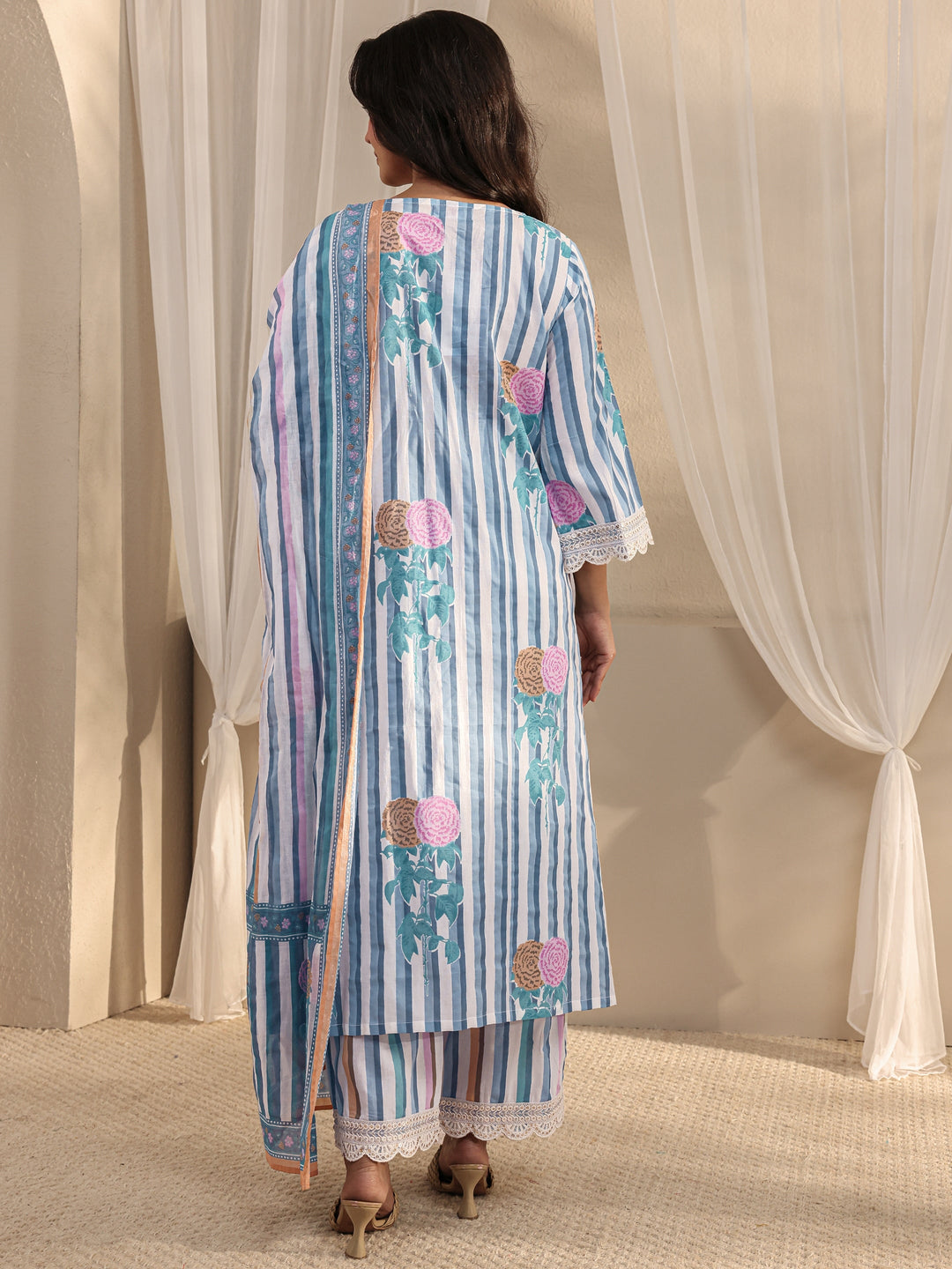 Blue Striped Printed Cotton A-Line Suit Set With Dupatta