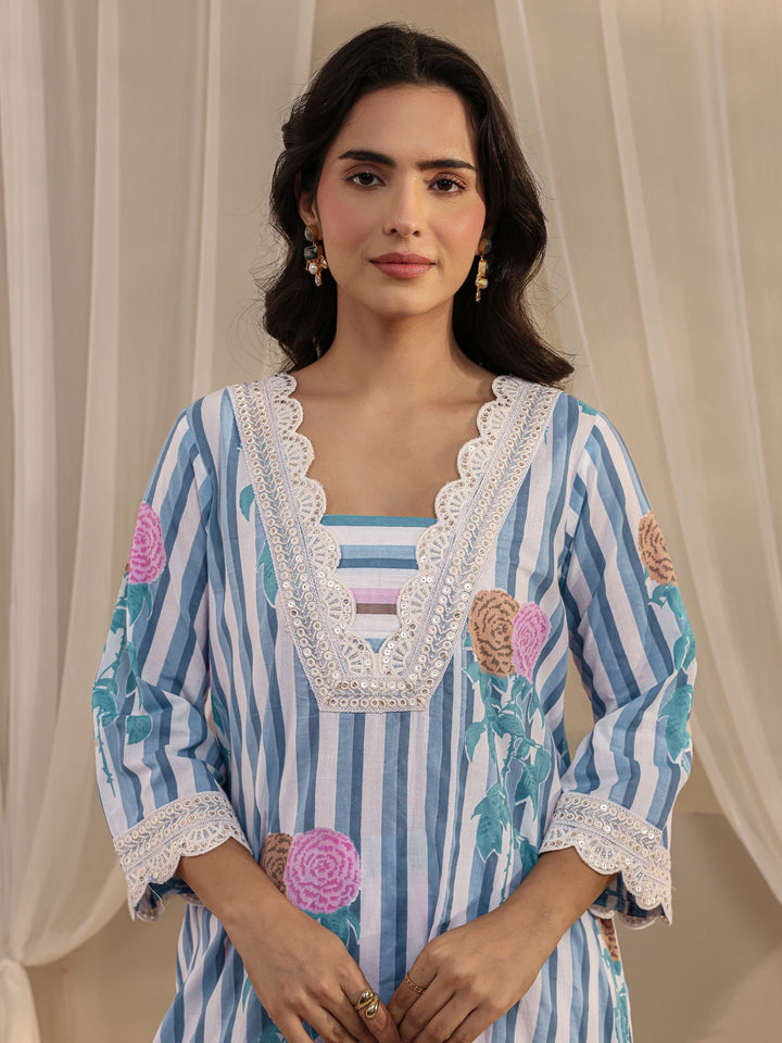 Blue Striped Printed Cotton A-Line Suit Set With Dupatta