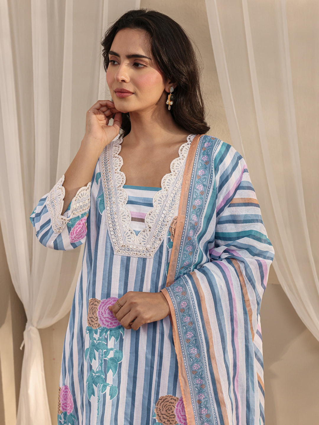 Blue Striped Printed Cotton A-Line Suit Set With Dupatta