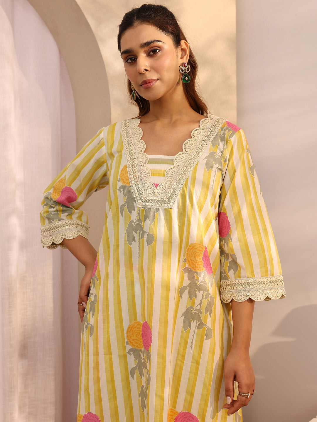 Yellow Printed Cotton Straight Suit Set With Dupatta