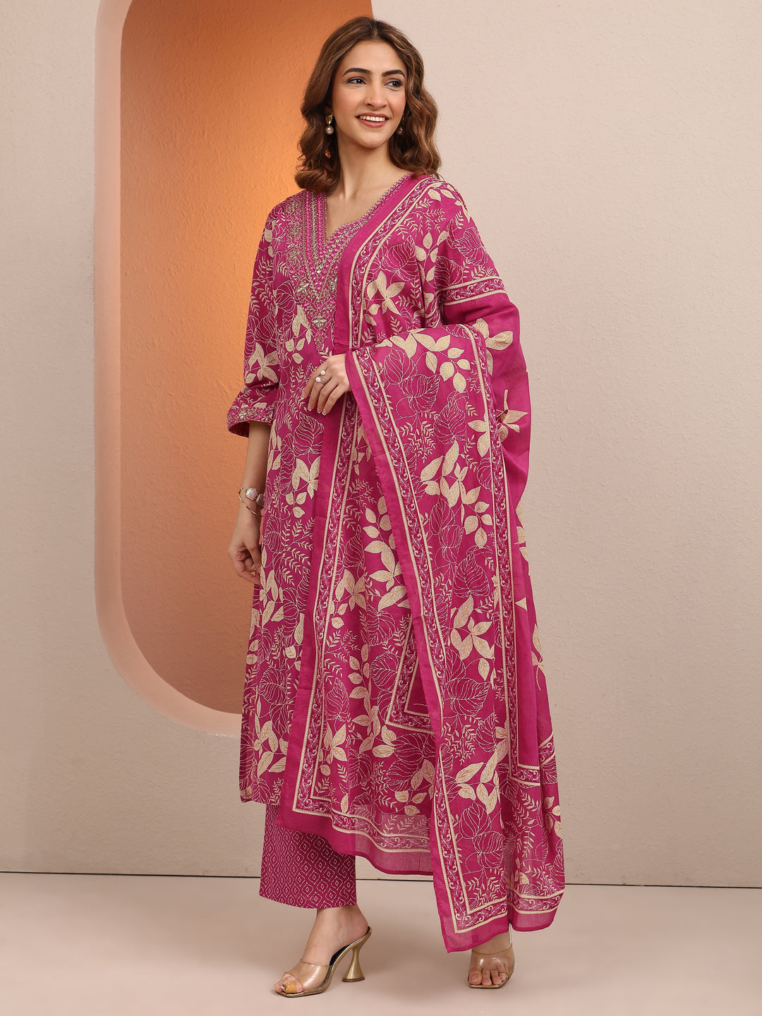 Pink Printed Cotton Straight Suit Set With Dupatta