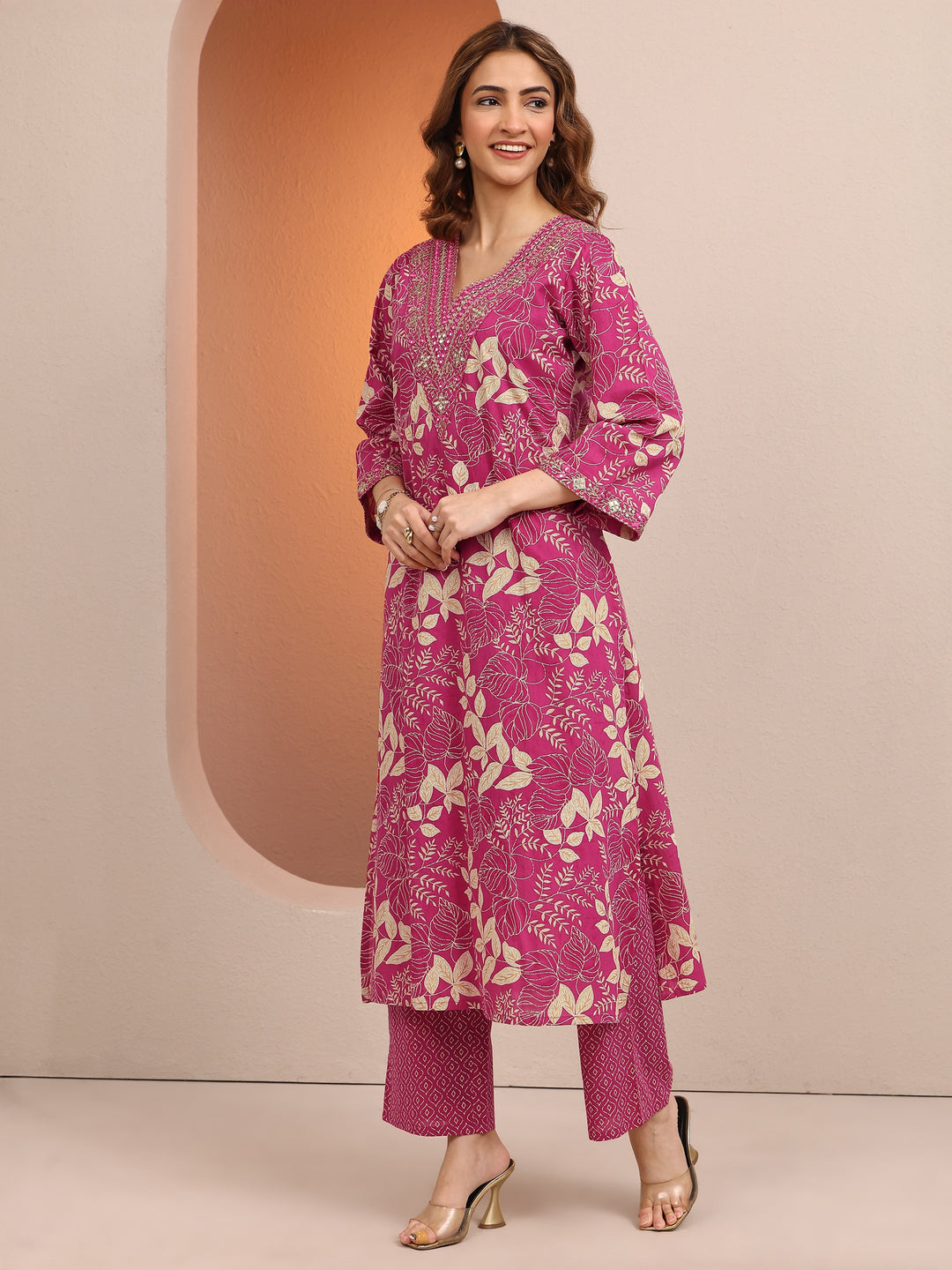 Pink Printed Cotton Straight Suit Set With Dupatta