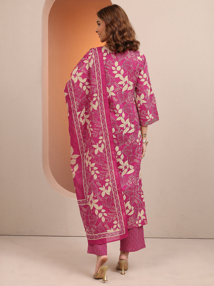Pink Printed Cotton Straight Suit Set With Dupatta