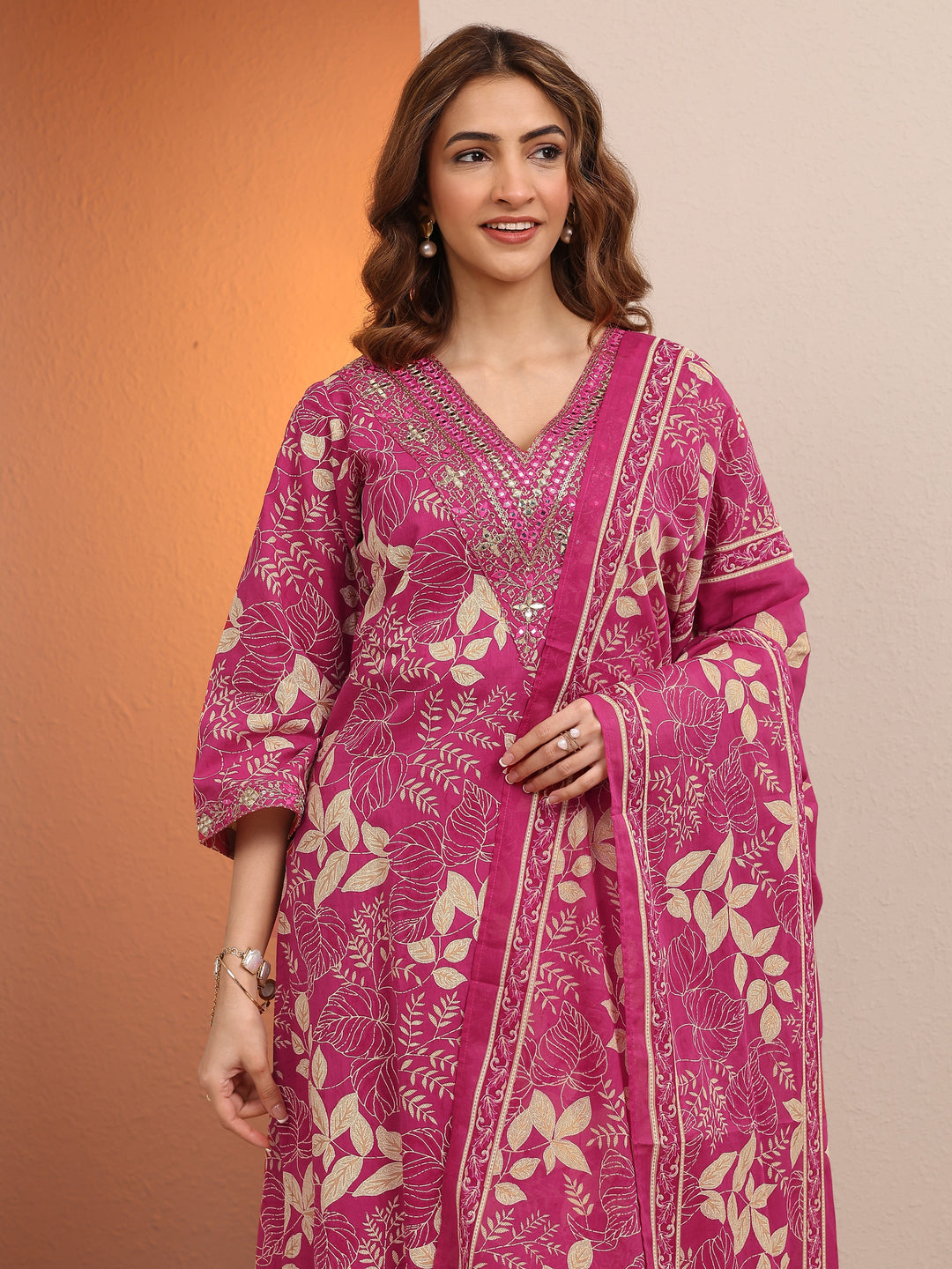 Pink Printed Cotton Straight Suit Set With Dupatta