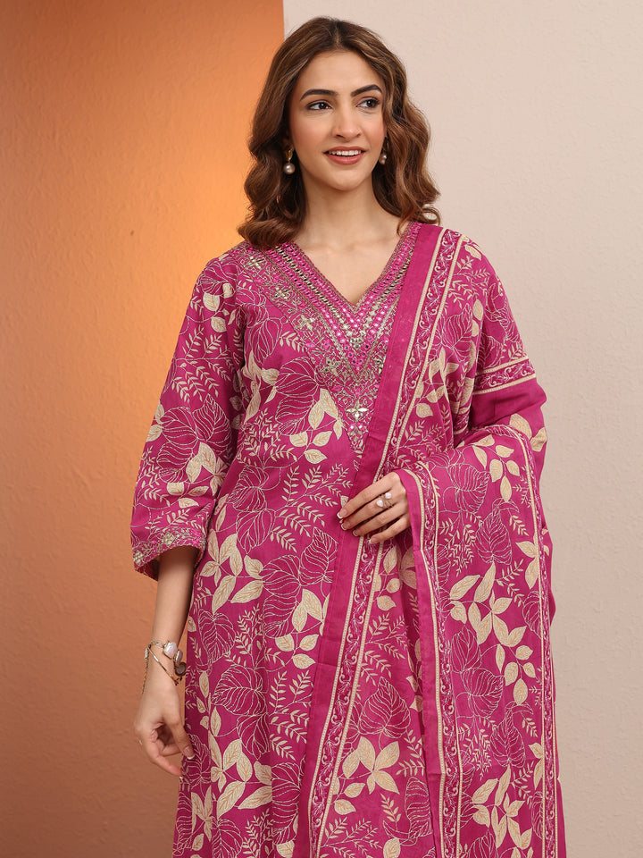 Pink Printed Cotton Straight Suit Set With Dupatta
