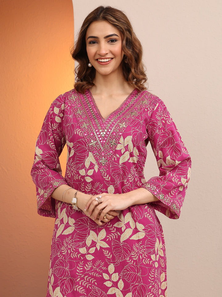 Pink Printed Cotton Straight Suit Set With Dupatta