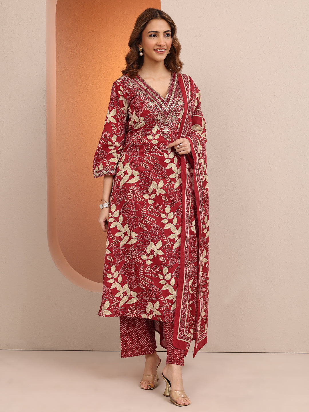 Red Printed Cotton Straight Suit Set With Dupatta