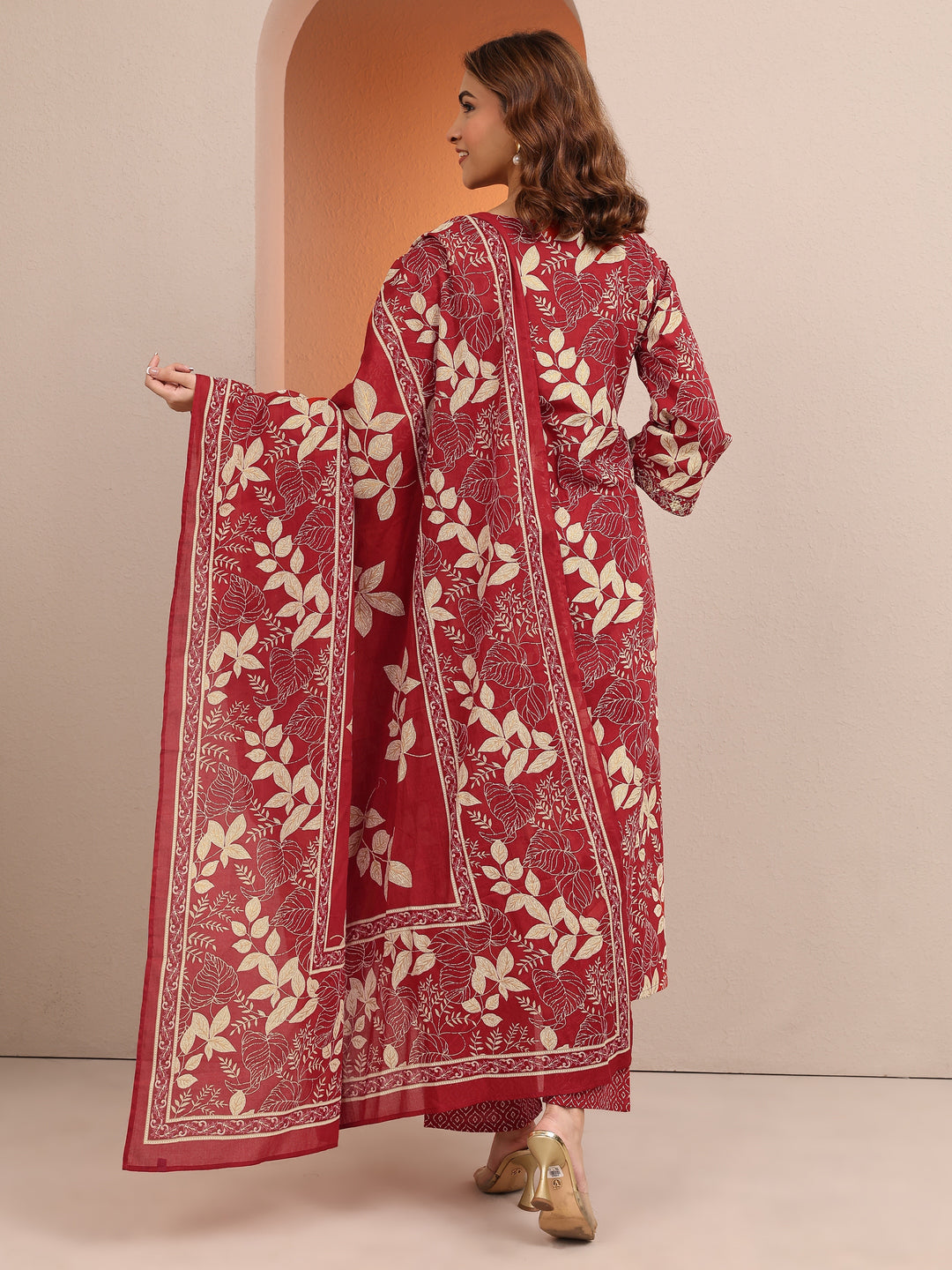 Red Printed Cotton Straight Suit Set With Dupatta