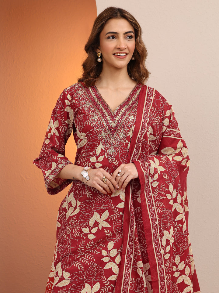 Red Printed Cotton Straight Suit Set With Dupatta