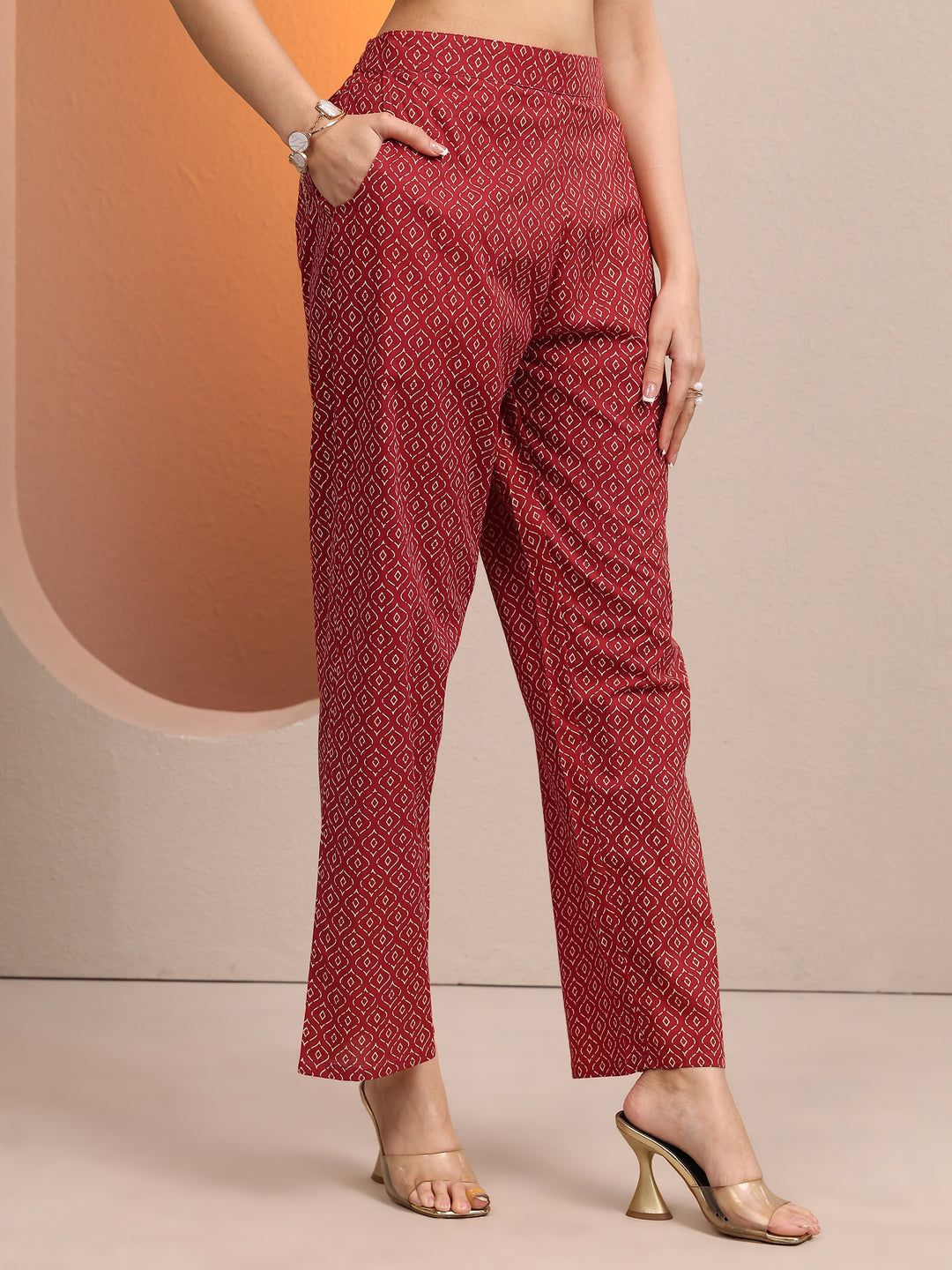 Red Printed Cotton Straight Suit Set With Dupatta