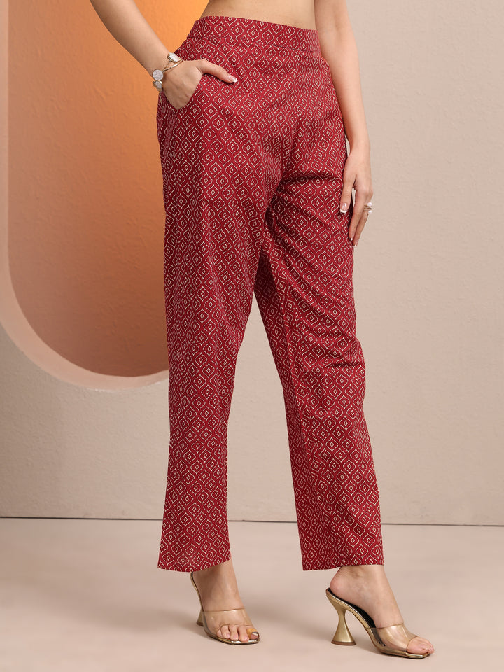 Red Printed Cotton Straight Suit Set With Dupatta