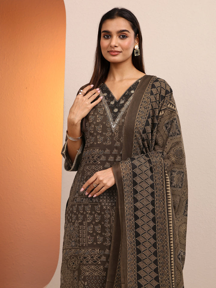 Brown Printed Cotton Straight Suit Set With Dupatta