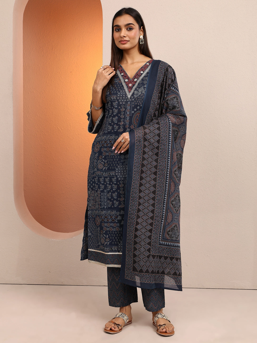 Blue Printed Cotton Straight Suit Set With Dupatta