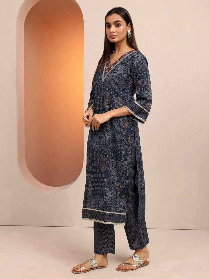 Blue Printed Cotton Straight Suit Set With Dupatta