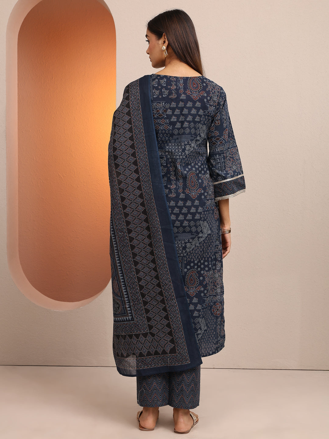 Blue Printed Cotton Straight Suit Set With Dupatta