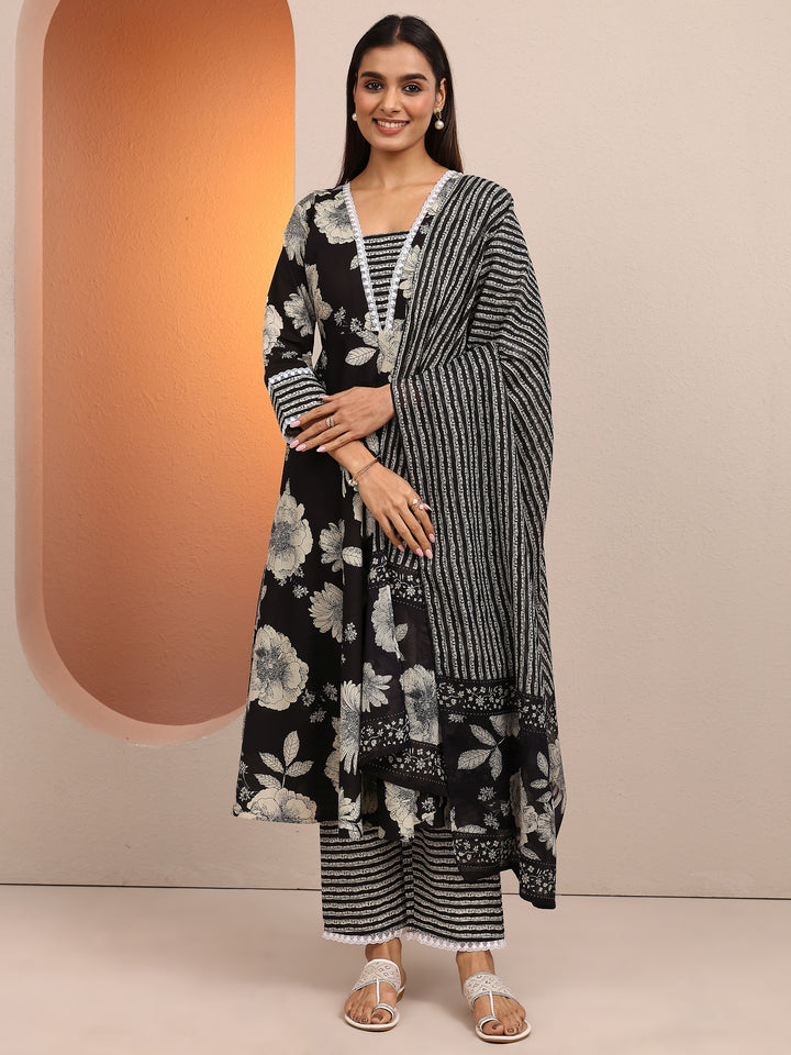 Black Printed Cotton A-line Suit Set With Dupatta