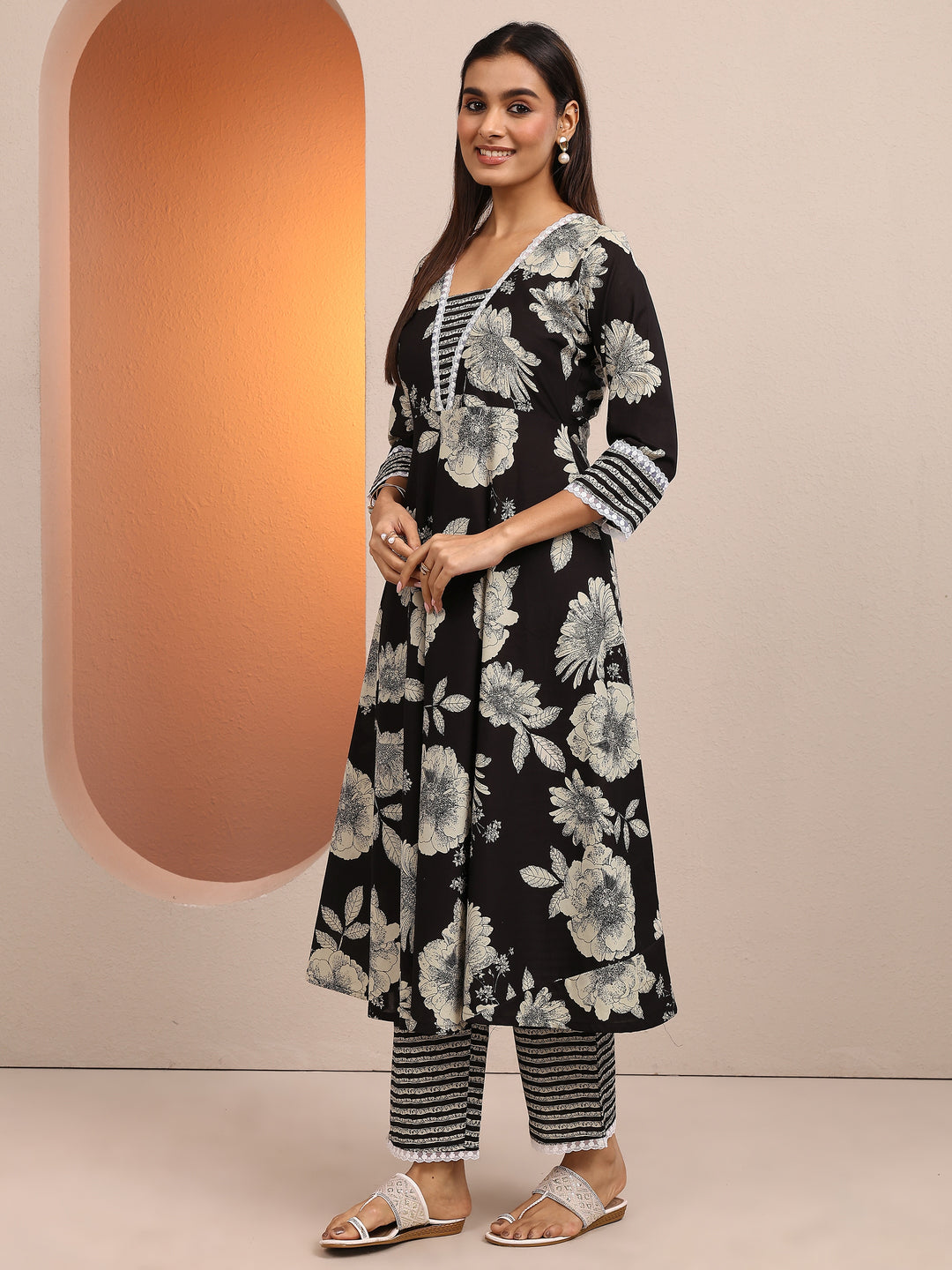 Black Printed Cotton A-line Suit Set With Dupatta