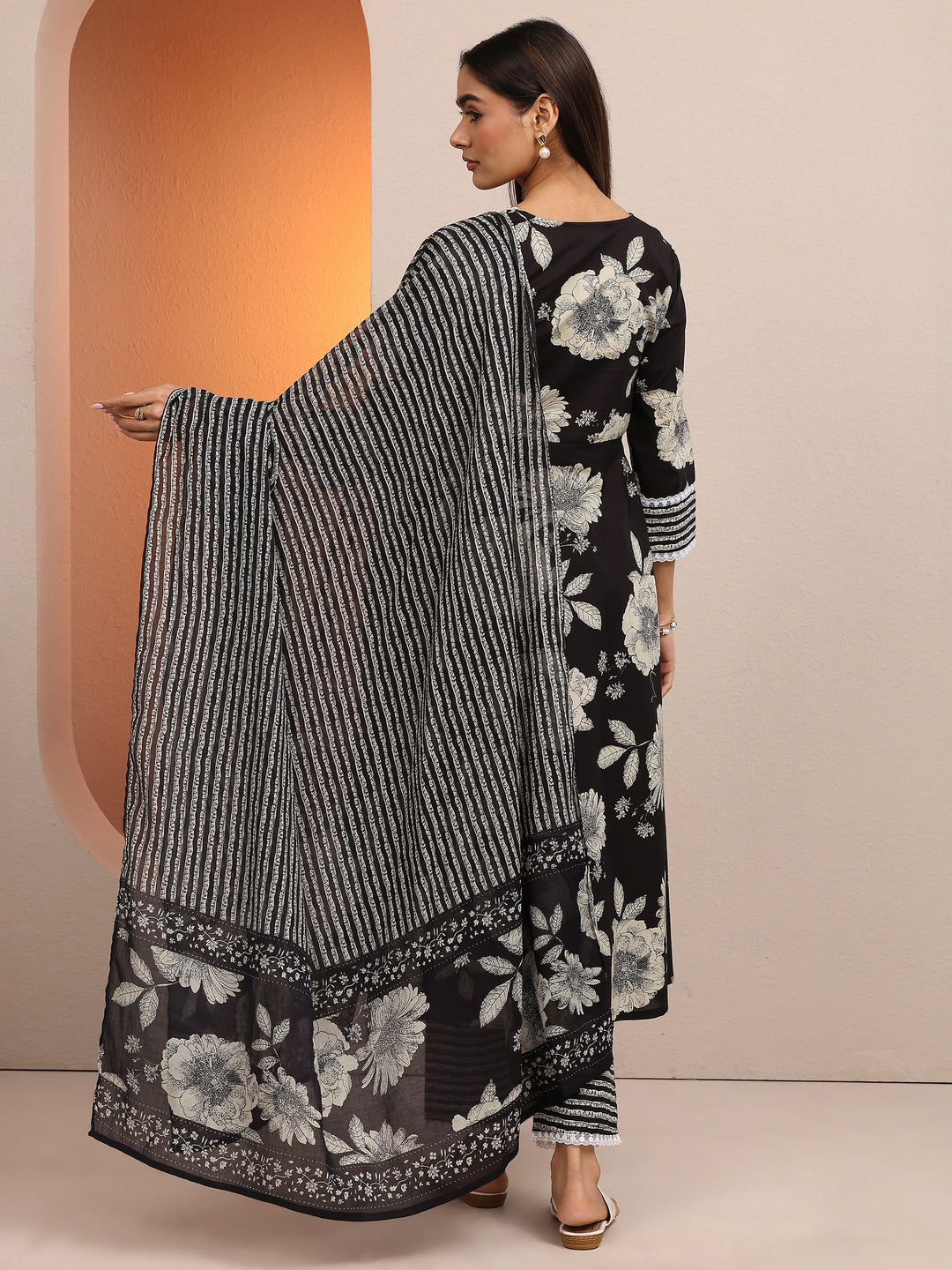 Black Printed Cotton A-line Suit Set With Dupatta