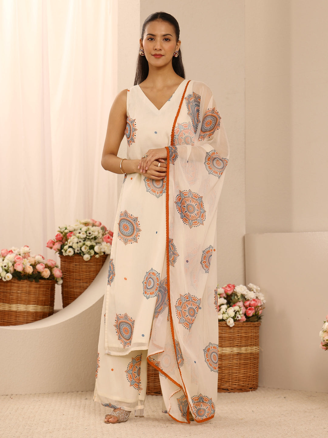 Off White Ethnic Motif Printed Chiffon Straight Suit Set With Dupatta
