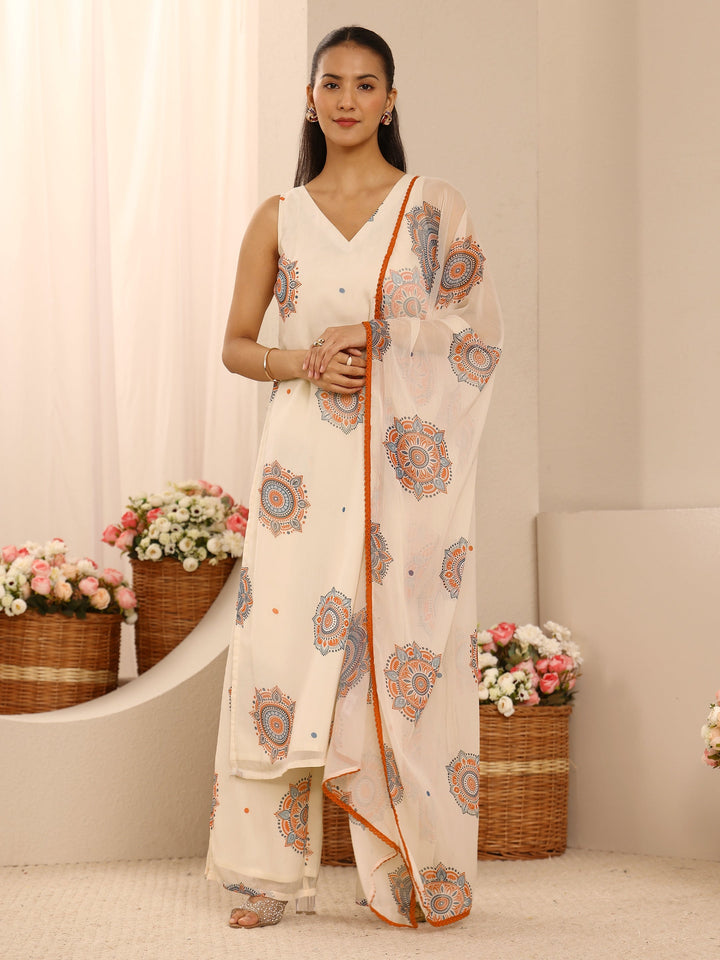 Off White Ethnic Motif Printed Chiffon Straight Suit Set With Dupatta