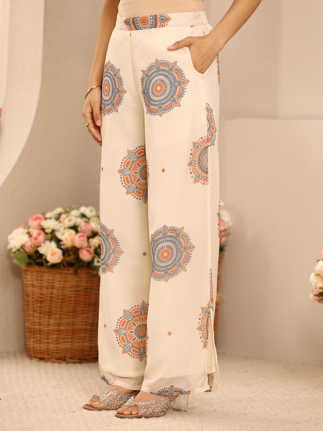 Off White Ethnic Motif Printed Chiffon Straight Suit Set With Dupatta