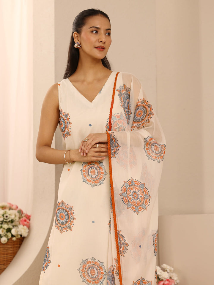 Off White Ethnic Motif Printed Chiffon Straight Suit Set With Dupatta