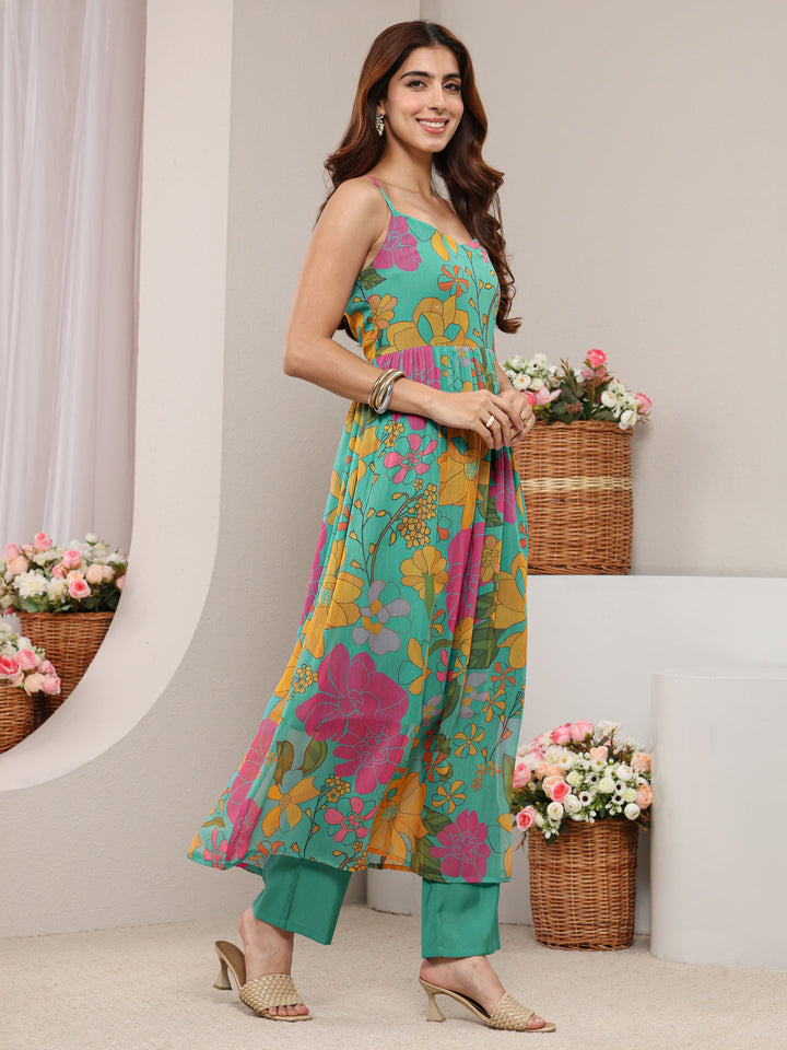 Teal Floral Printed Chiffon A-line Suit Set with Dupatta
