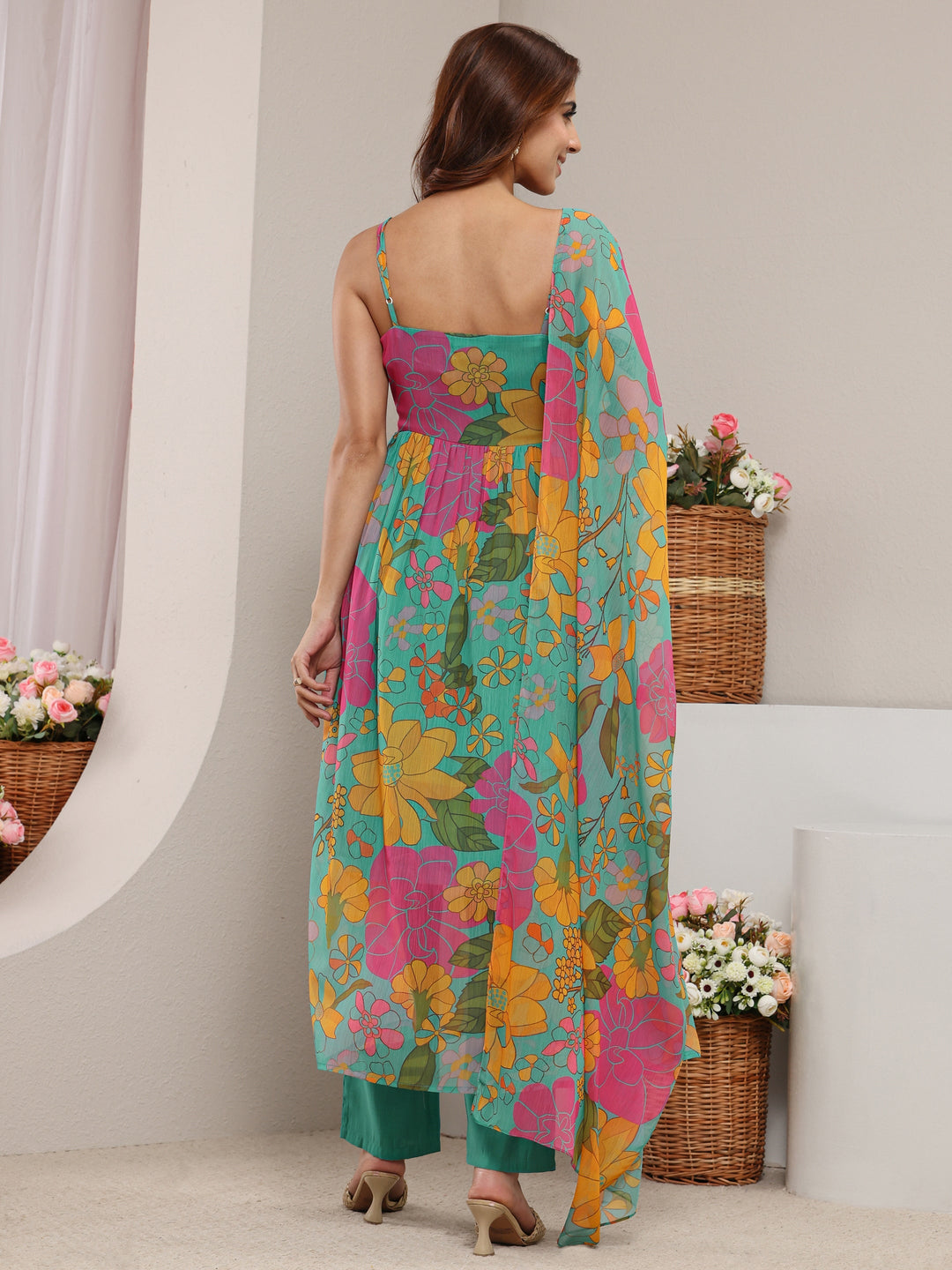 Teal Floral Printed Chiffon A-line Suit Set with Dupatta