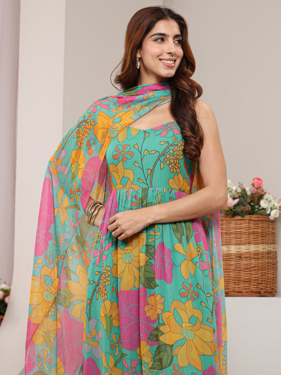 Teal Floral Printed Chiffon A-line Suit Set with Dupatta