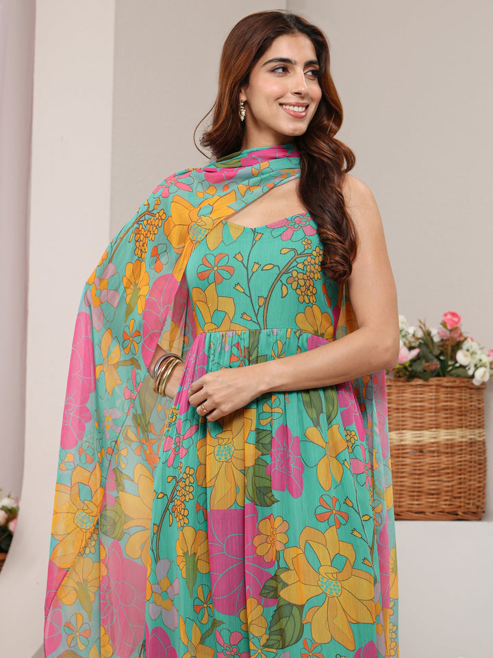 Teal Floral Printed Chiffon A-line Suit Set with Dupatta