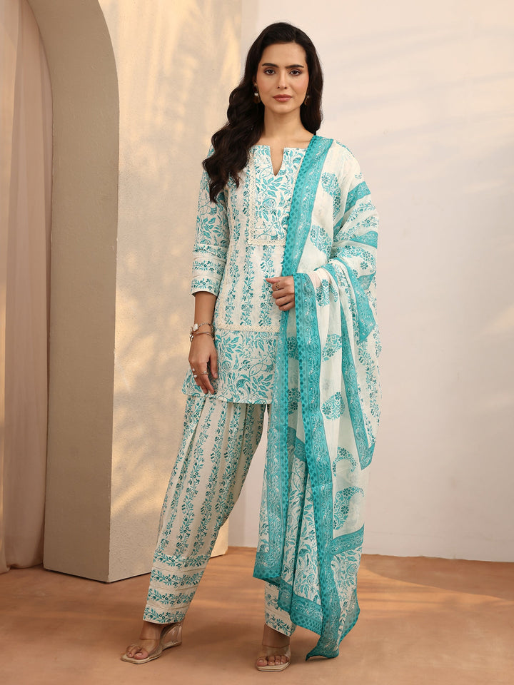 Blue Printed Cotton Straight Suit Set With Dupatta