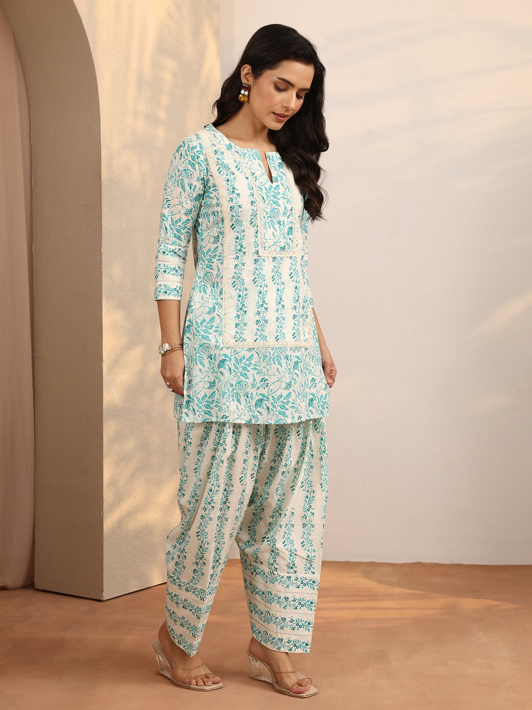 Blue Printed Cotton Straight Suit Set With Dupatta