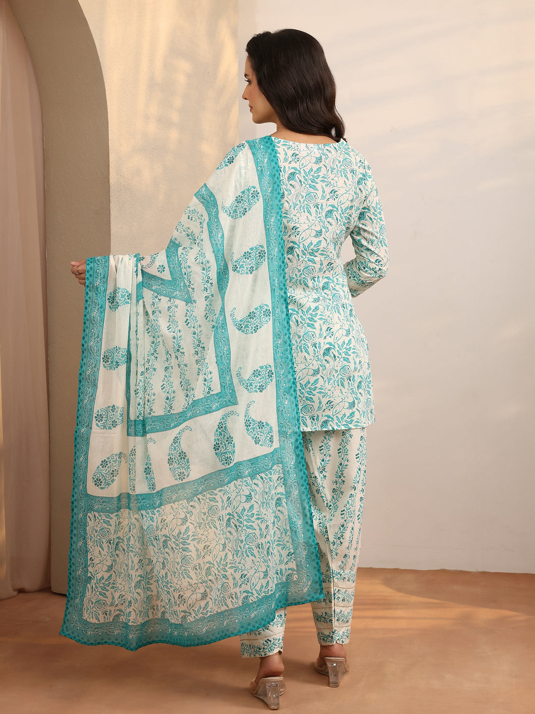 Blue Printed Cotton Straight Suit Set With Dupatta